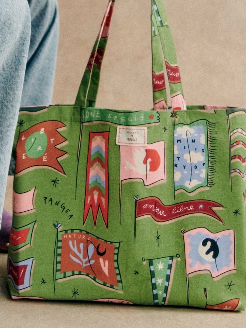 Sézane x Pangea Cotton Totebag Green with Flag NWT